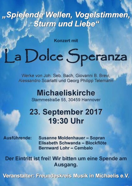 Konzert mit dem Barockensemble La Dolce Speranza am 23.09.2017, Michaeliskirche, Stammestraße 55, 30459 Hannover